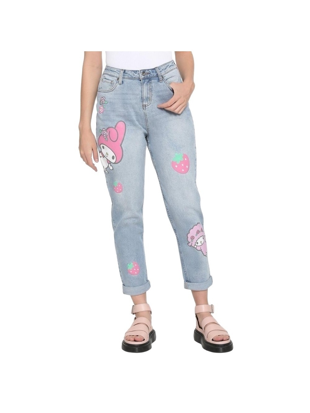 Sanrio My Melody Women's High-Rise Mom Jeans Strawberry Print Blue Denim PLUS